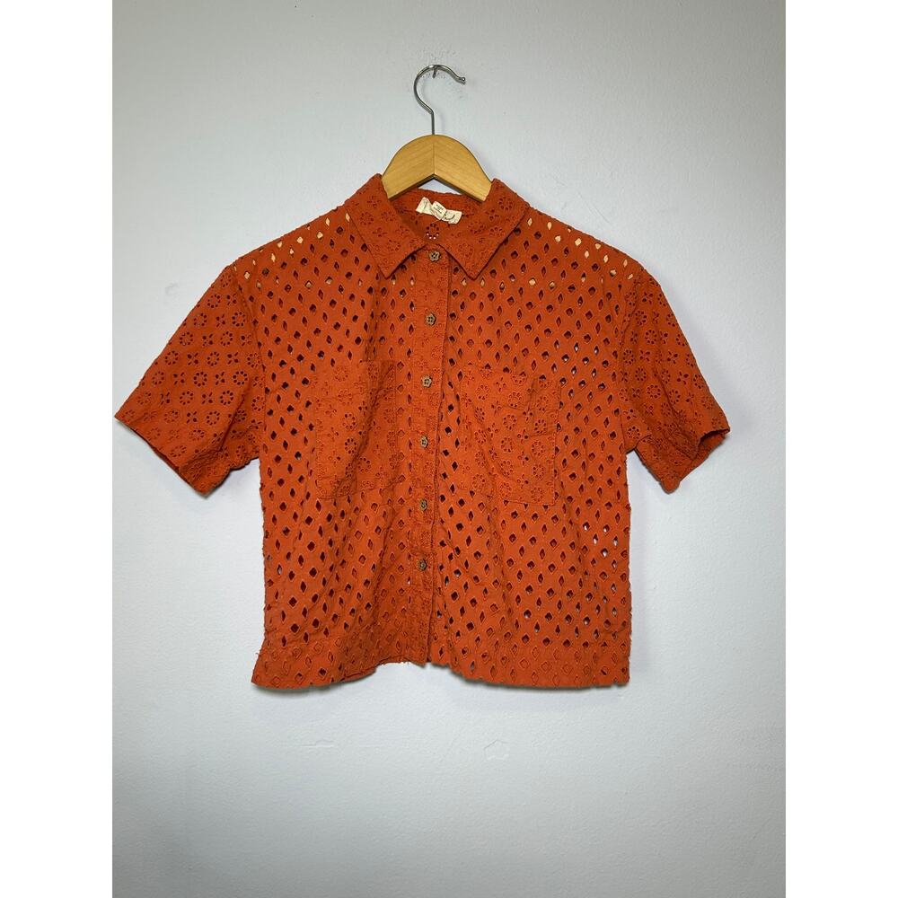 Terracotta Marbled Eyelet Button Down Short Sleeve Shirt Boho Top - (Women's M)